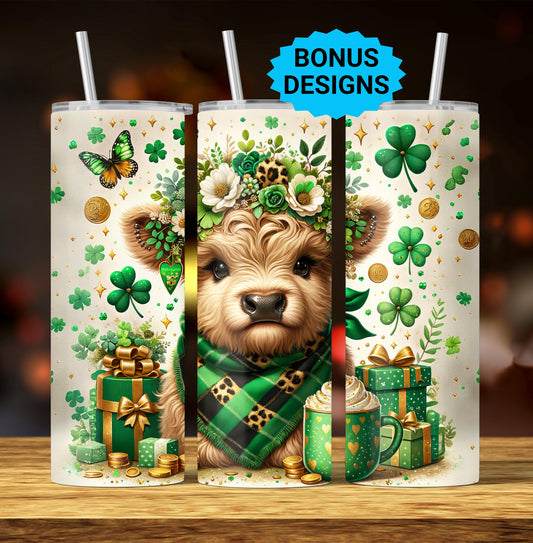 Cute Irish Baby Highland Cow 20oz Tumbler Sublimation Design, St Patricks Day Seamless Straight PNG Digital Download