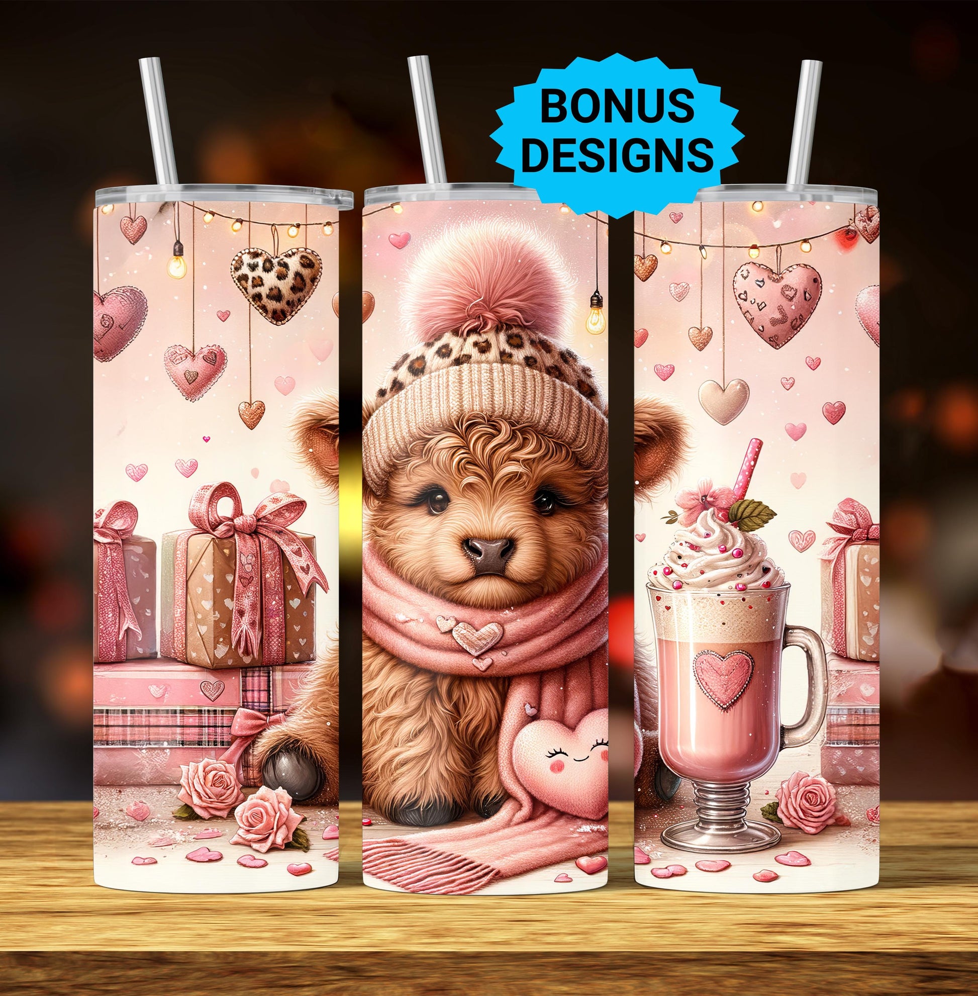 Highland Cow Valentine Tumbler Wrap, 20oz Skinny Sublimastion Design, Cow Love Tumbler Wrap Seamless Straight PNG Digital Download