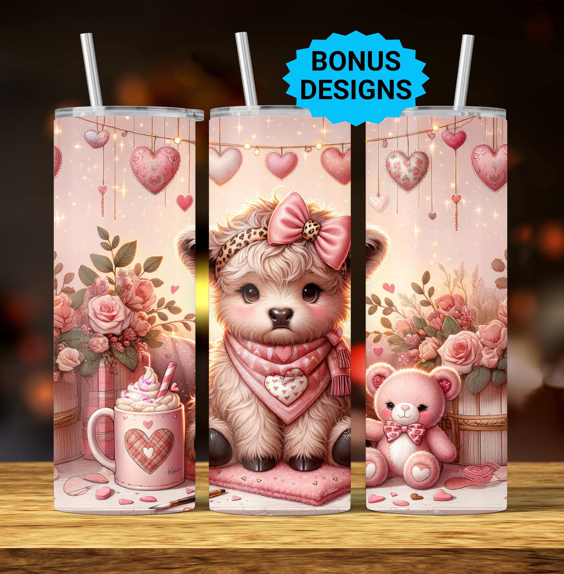 Highland Cow Valentine Tumbler Wrap, 20oz Skinny Sublimastion Design, Cow Love Tumbler Wrap Seamless Straight PNG Digital Download