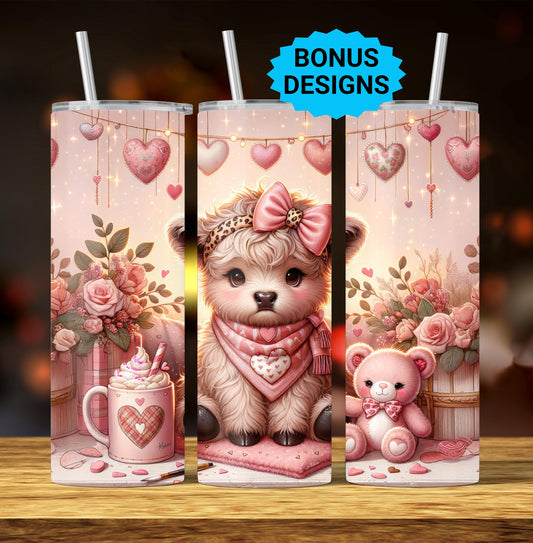 Highland Cow Valentine Tumbler Wrap, 20oz Skinny Sublimastion Design, Cow Love Tumbler Wrap Seamless Straight PNG Digital Download