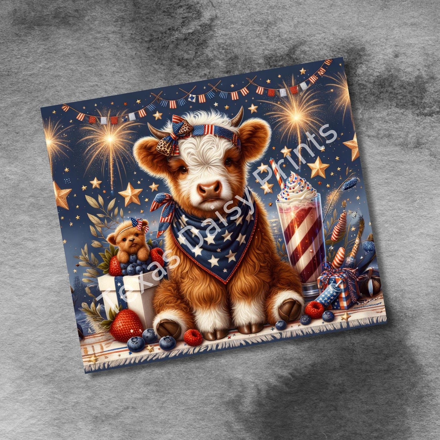 Cute Baby Highland Cow , 20oz Skinny Tumbler Wrap Sublimation Design, Cow Love 4th Of July Tumbler Wrap Seamless PNG Digital Download
