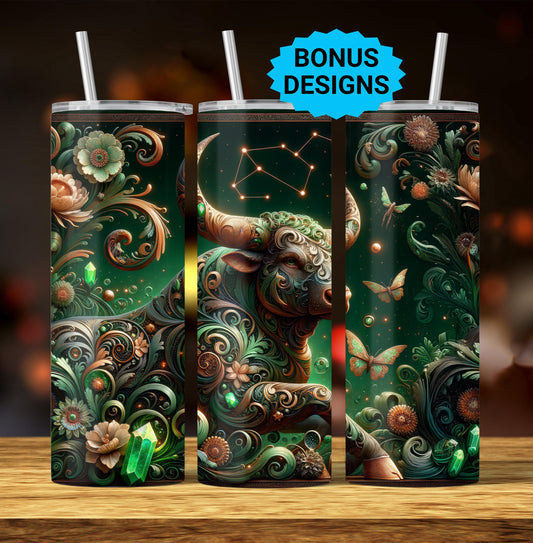 Tarus Zodiac 20oz Skinny Tumbler Wrap, Celestial Star Sign Sublimation Design, Tumbler Wrap Seamless Straight PNG Digital Download