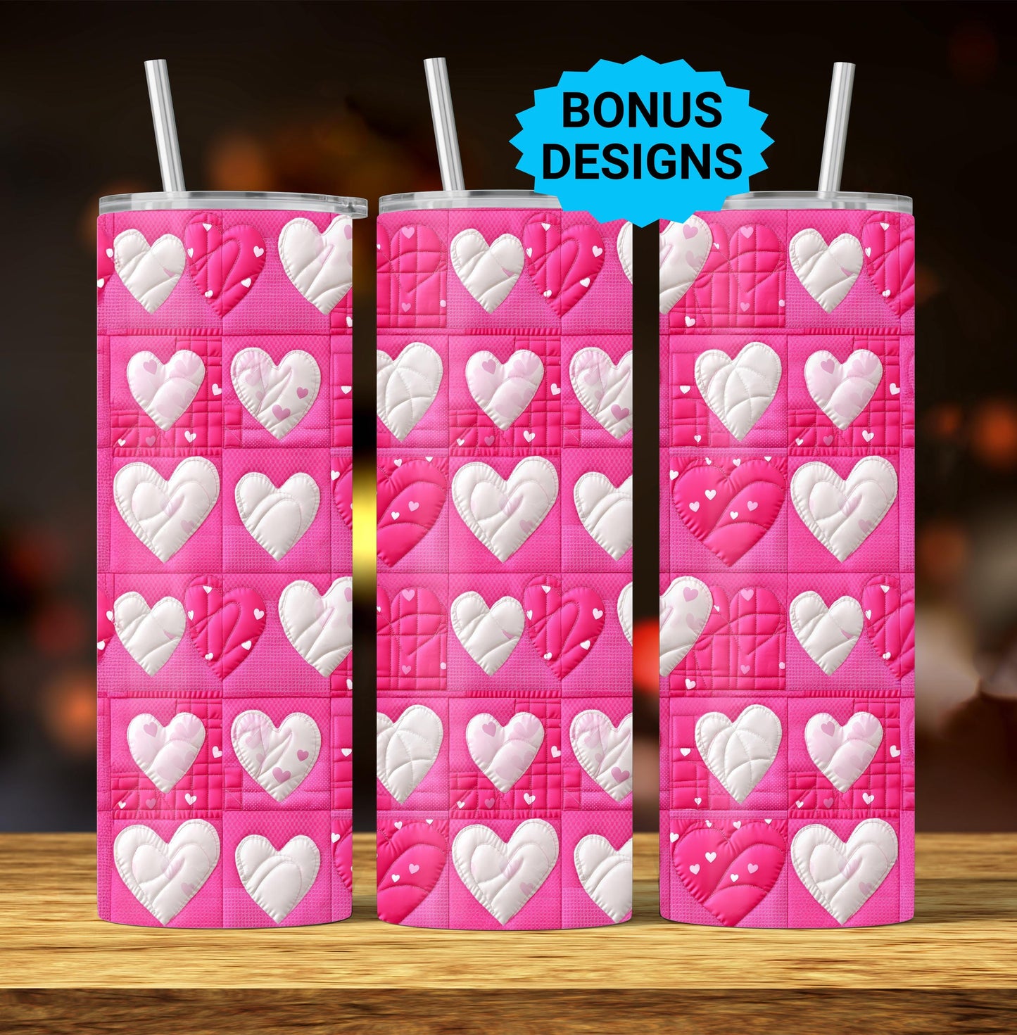 3D Valentines Heart Quilted , 20oz Skinny Tumbler, Hearts Tumbler Seamless Sublimation Design Templates,Straight PNG Digital Download