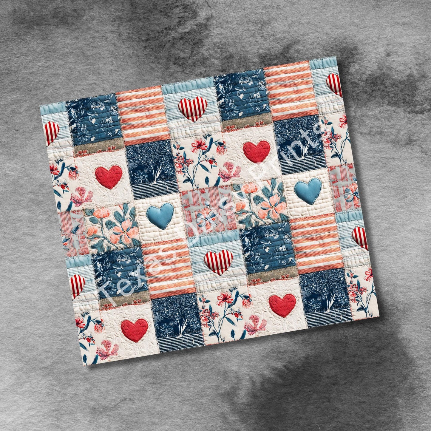 Quilting Hearts and Flowers 20oz Skinny Tumbler Wrap, Forth of July Seamless Sublimation Design, Patchwork Straight PNG Digital Download