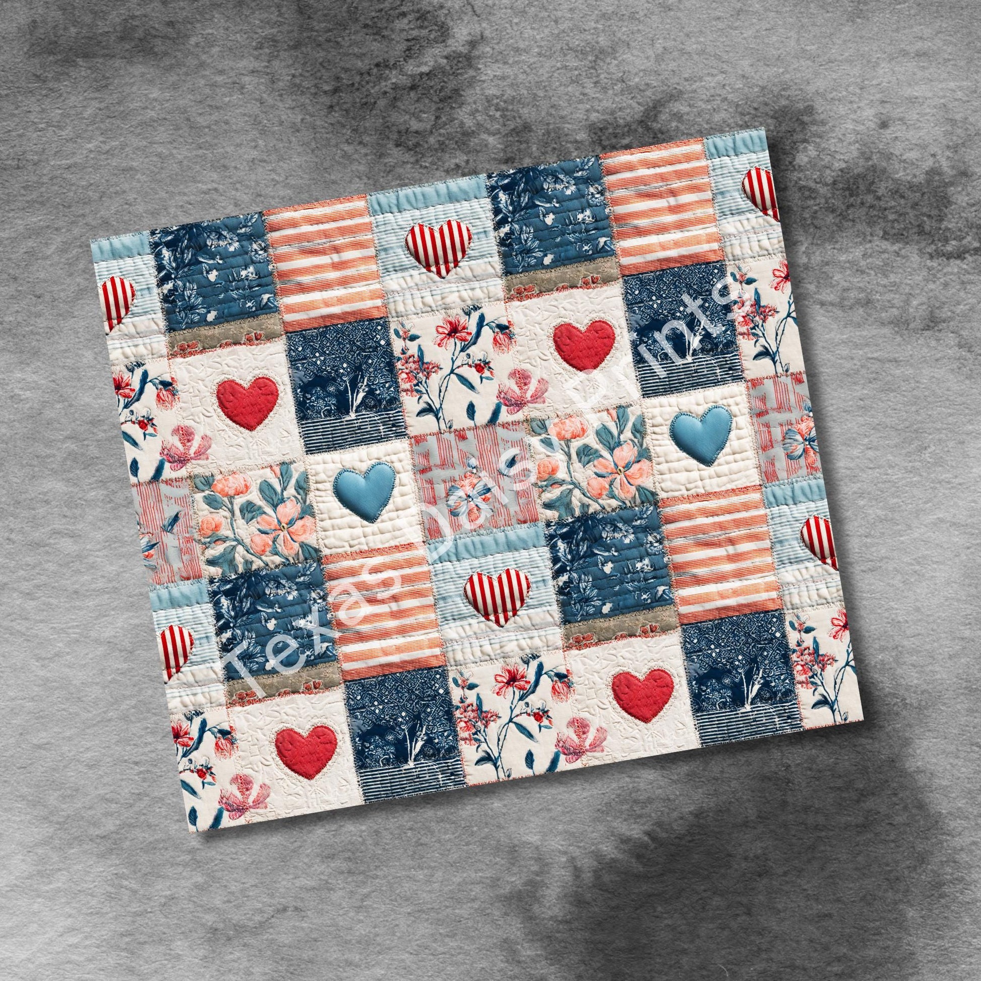 Quilting Hearts and Flowers 20oz Skinny Tumbler Wrap, Forth of July Seamless Sublimation Design, Patchwork Straight PNG Digital Download