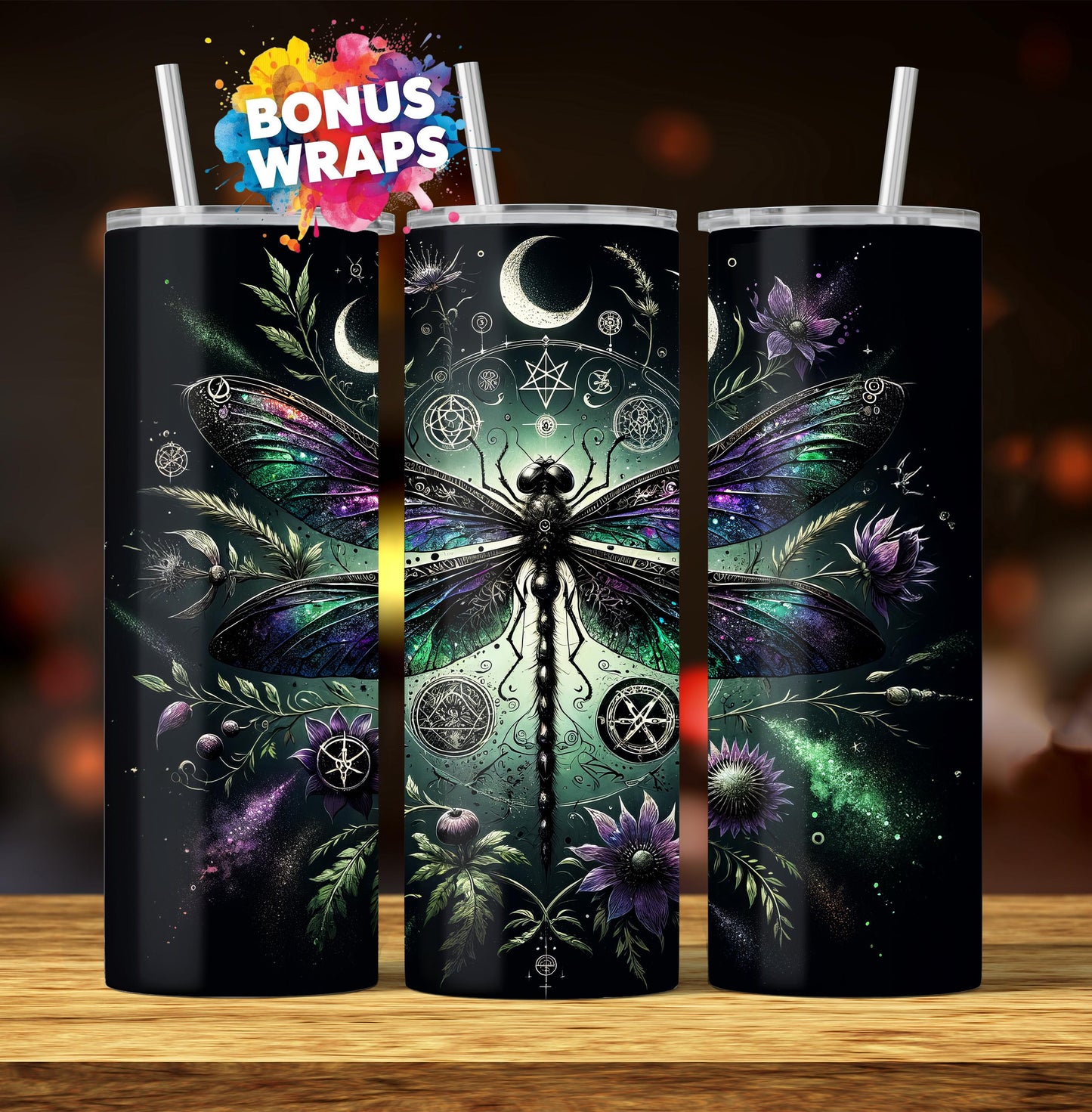 Gothic Mystical Dragonfly, 20oz Skinny Tumbler Wrap, Seamless Sublimation Design Templates Digital Download