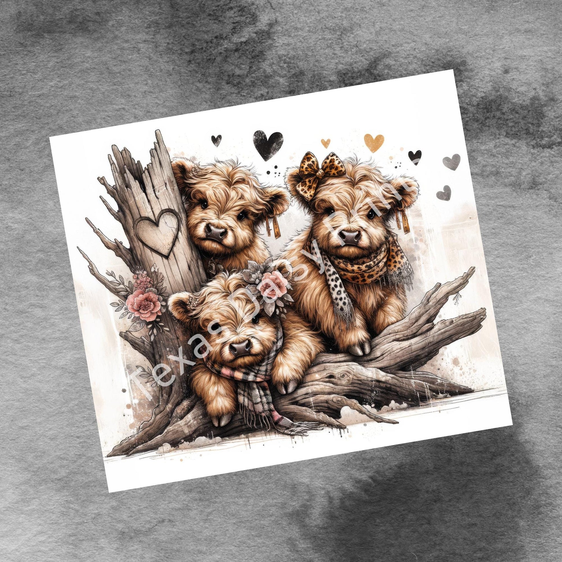 Cute Highland Cow 20oz Tumbler Wrap, Valentines Heart Trees, 20oz Seamless Wrap, Digital Download