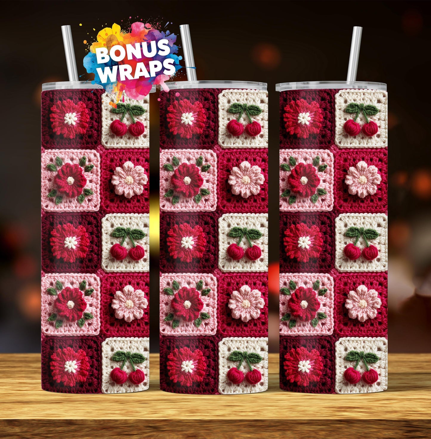 Crocheted Cherry Wildflowers 20oz Tumbler Wrap Png Crochet Cherries Granny Squares Tumbler Wrap Png Seamless Sublimation Design