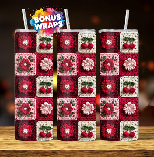 Crocheted Cherry Wildflowers 20oz Tumbler Wrap Png Crochet Cherries Granny Squares Tumbler Wrap Png Seamless Sublimation Design