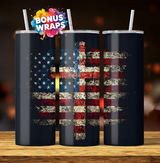 American Flag on Christina Cross 20oz Skinny Tumbler Wrap, Christian Faith 20 oz Sublimation Digital Design, Christian PNG Digital Download