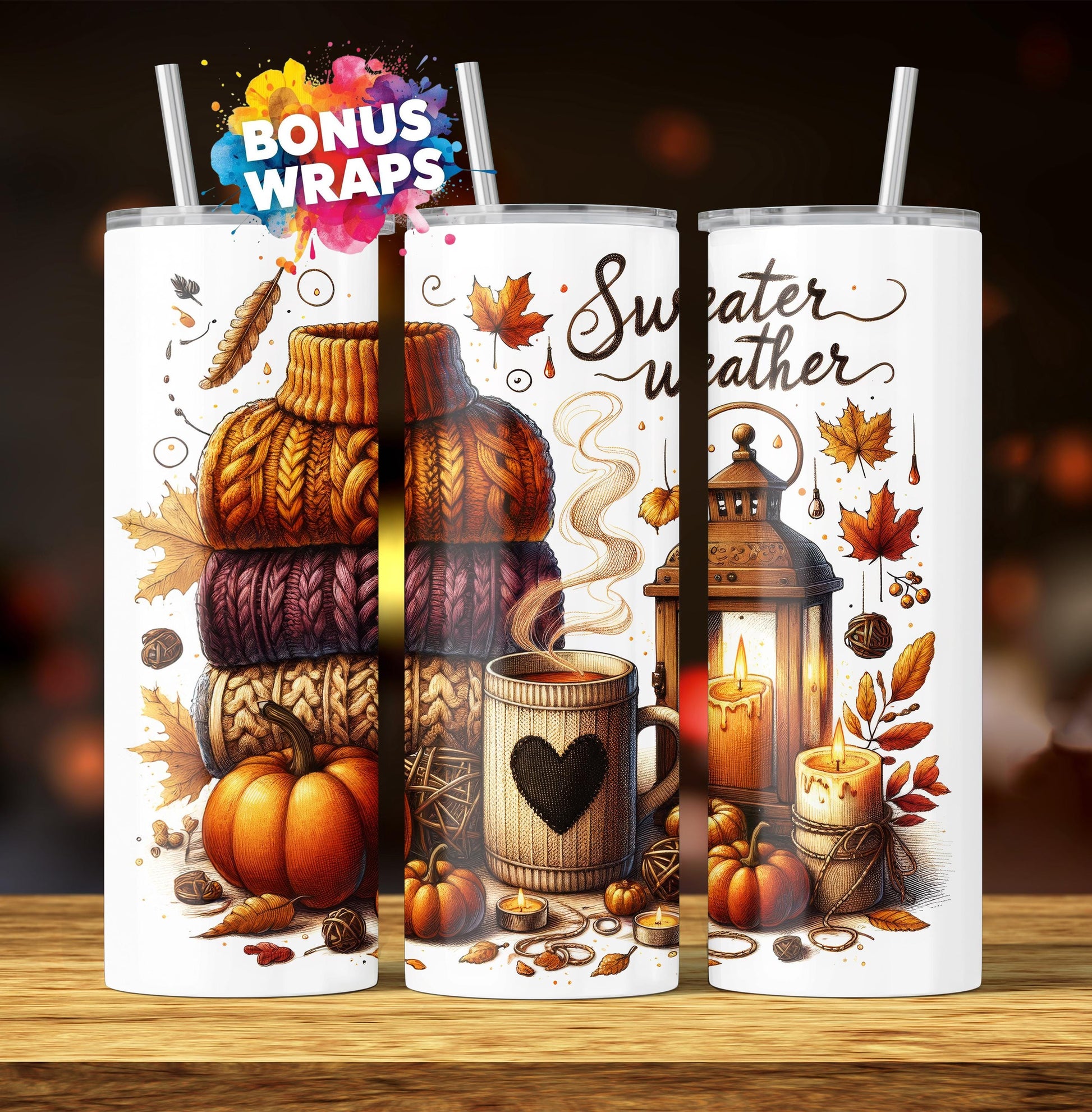 Sweater Weather Fall 20oz Skinny Tumbler, Latte Seamless Sublimation Design Templates, Tumbler Straight PNG Digital Download
