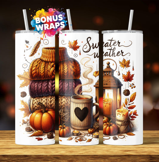 Sweater Weather Fall 20oz Skinny Tumbler, Latte Seamless Sublimation Design Templates, Tumbler Straight PNG Digital Download