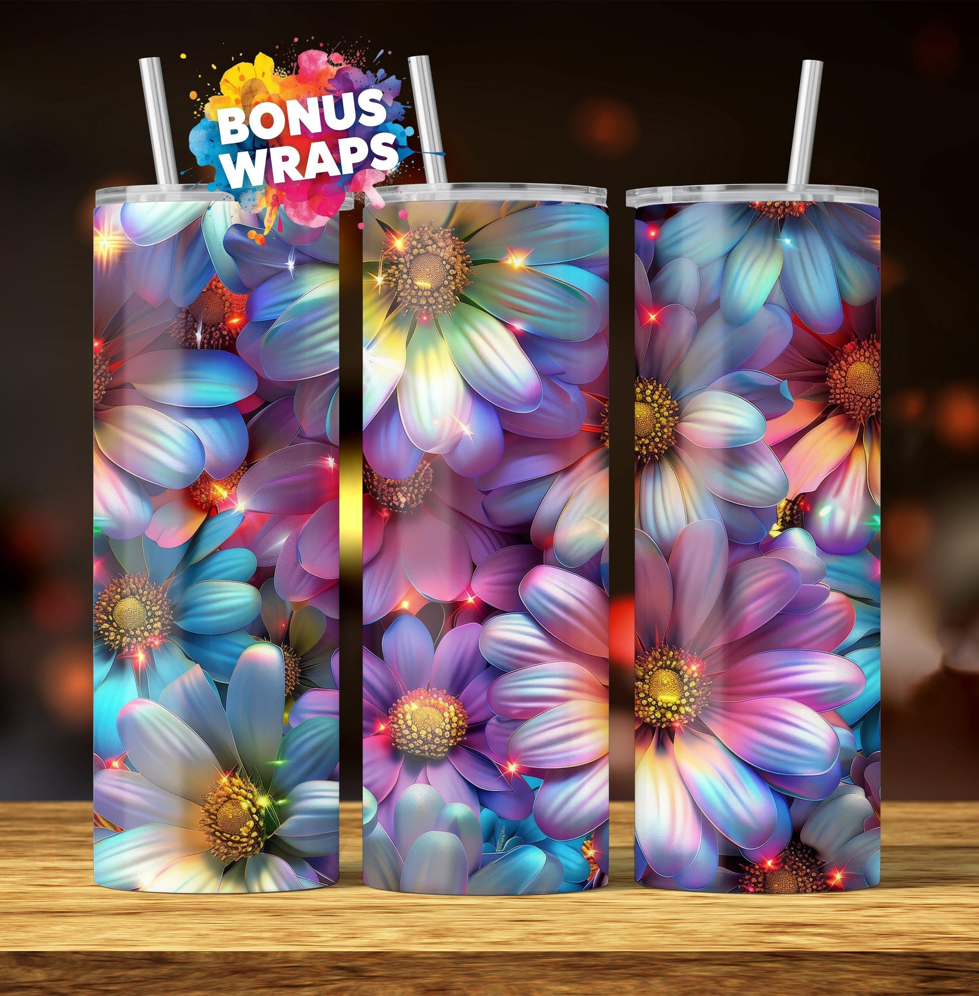 3D Daisy Sparkle Spring Flowers 20oz Tumbler Wrap Png Tumbler, Rainbow Spring Floral Tumbler Seamless Sublimation Design