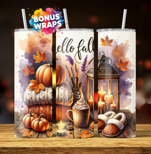 Hello Fall W 20oz Skinny Tumbler, Latte Pumpkins Seamless Sublimation Design Templates, Tumbler Straight PNG Digital Download