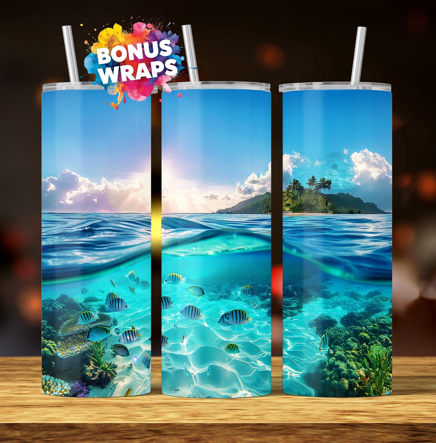 Tropical Ocean Sunrise 20oz Skinny Tumbler Wrap Sublimation Templates, Tropical Fish Underwater Seamless Straight PNG Digital Download