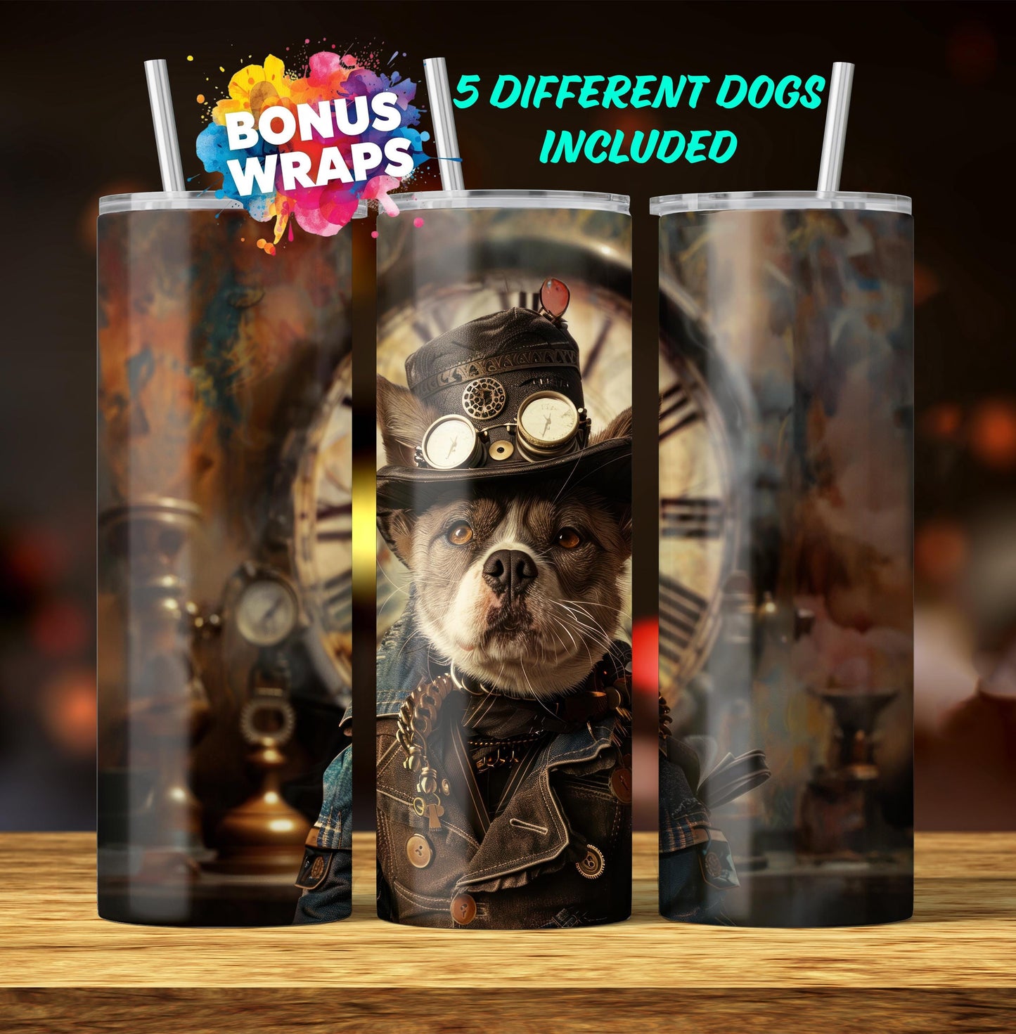 Steampunk Dogs 20oz Skinny Tumbler Wrap, Vintage Dog Seamless Sublimation Design Templates, Tumbler Straight PNG Digital Download