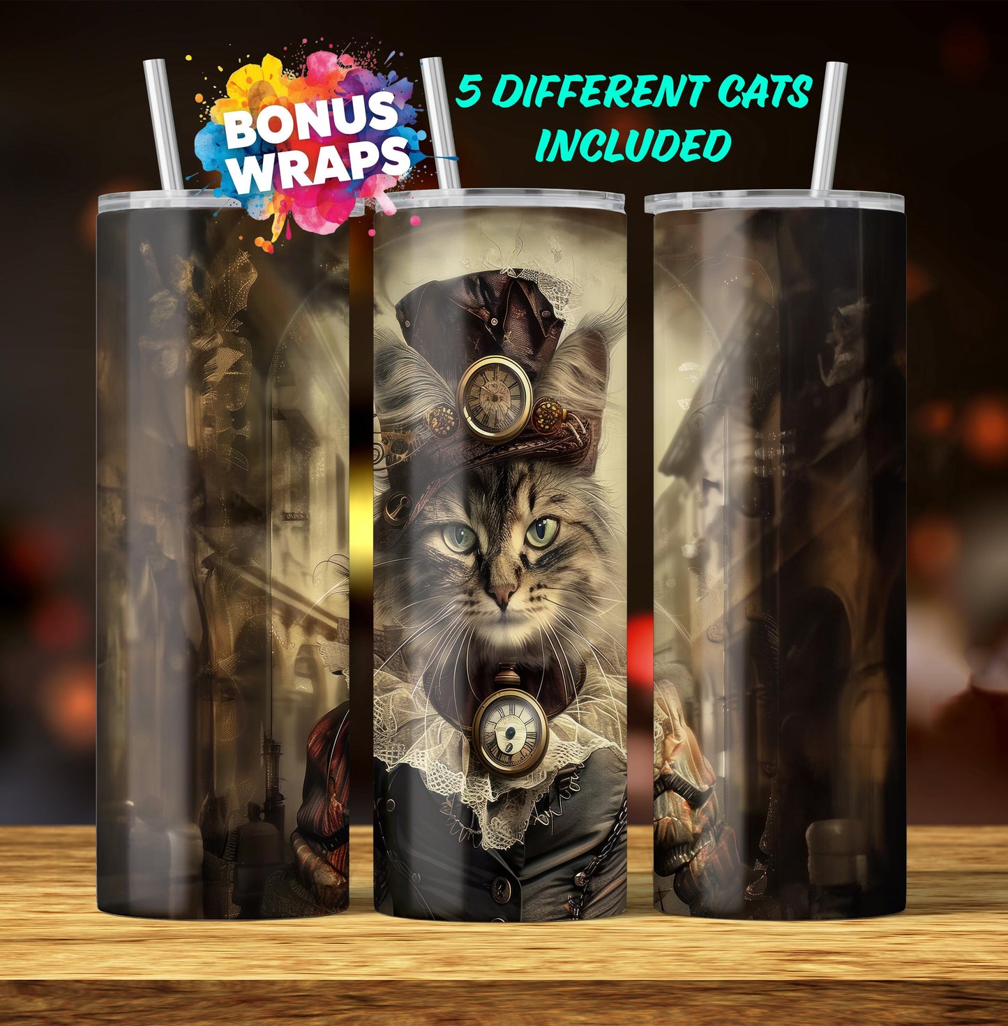 Steampunk Cats 20oz Skinny Tumbler Wrap, Vintage Cats Seamless Sublimation Design Templates, Tumbler Straight PNG Digital Download