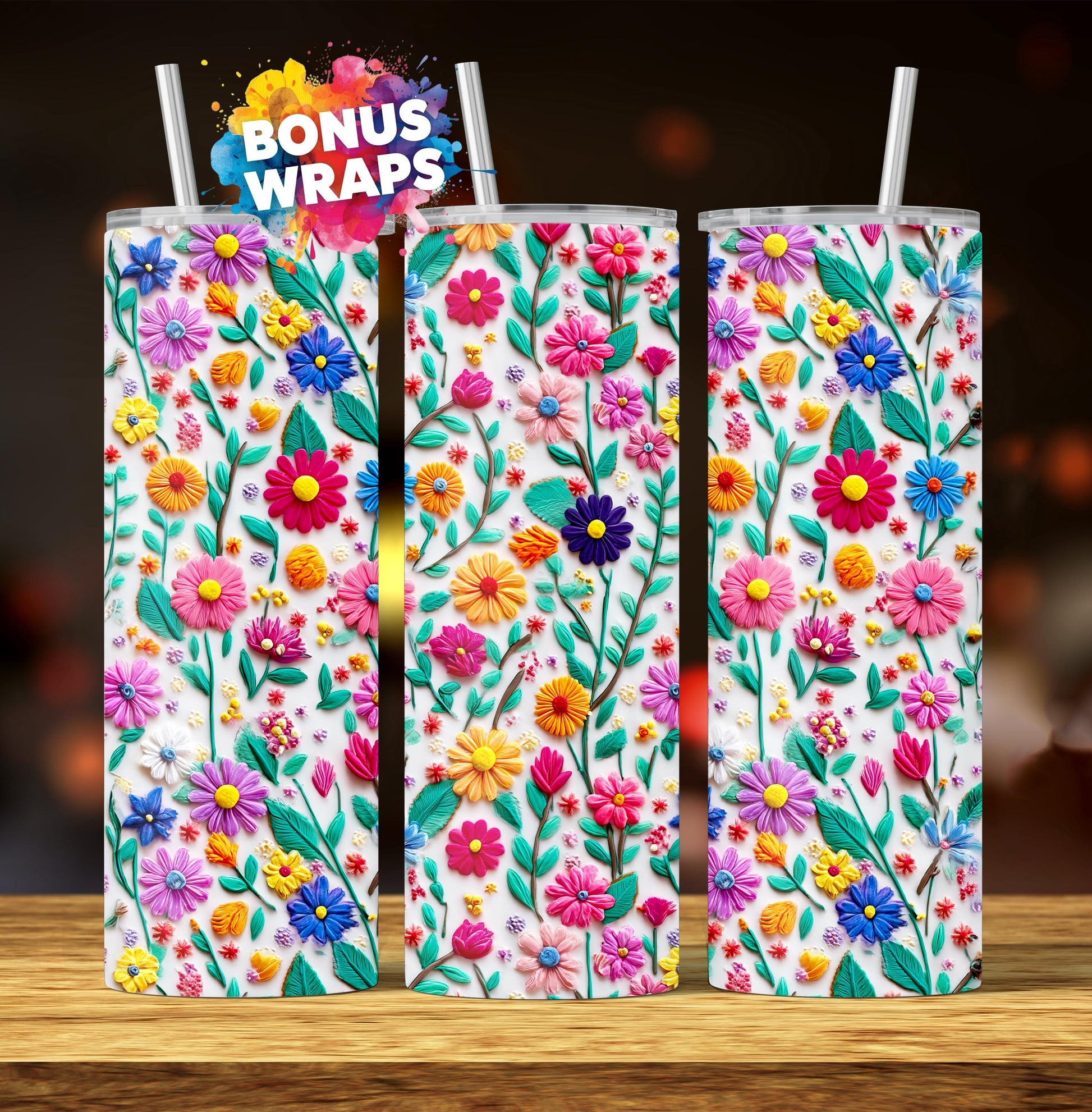 Spring Flowers Embroidery 20oz Skinny Tumbler Wrap, Wildflowers Seamless Tumbler Wrap, 20 Oz Tumbler Png Floral Sublimation Design