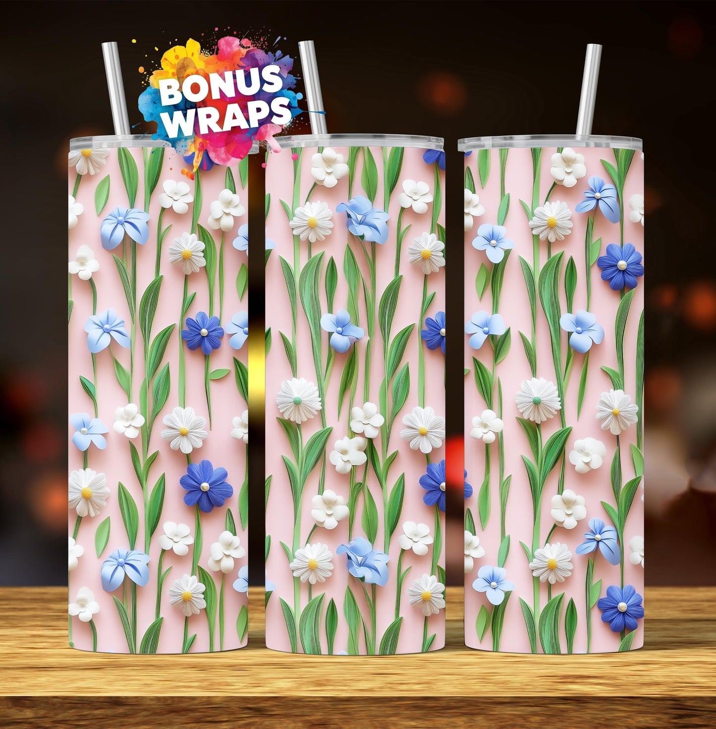 3D Spring Flowers 20oz Skinny Tumbler Wrap, Daisy FlowersSeamless 20 Oz Tumbler Png Sublimation Design