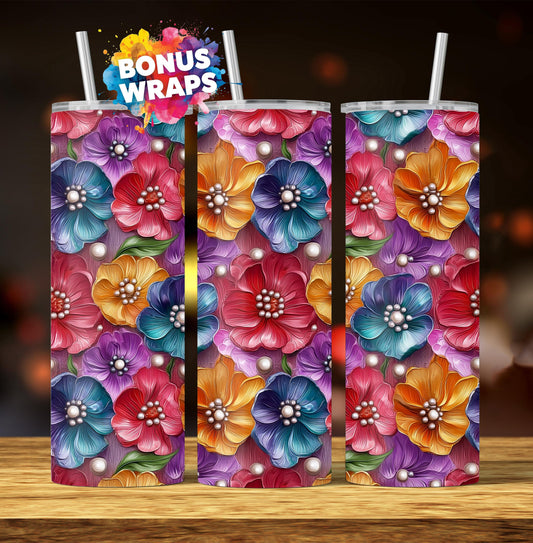 3D Spring Flowers & Pearls 20oz Skinny Tumbler Wrap, Seamless Floral 20 Oz Tumbler Png Sublimation Design