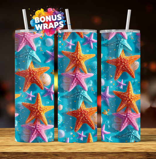 3D Starfish Tropical Summer 20oz Skinny Tumbler Wrap, Beach Ocean Tumbler Seamless Sublimation Design