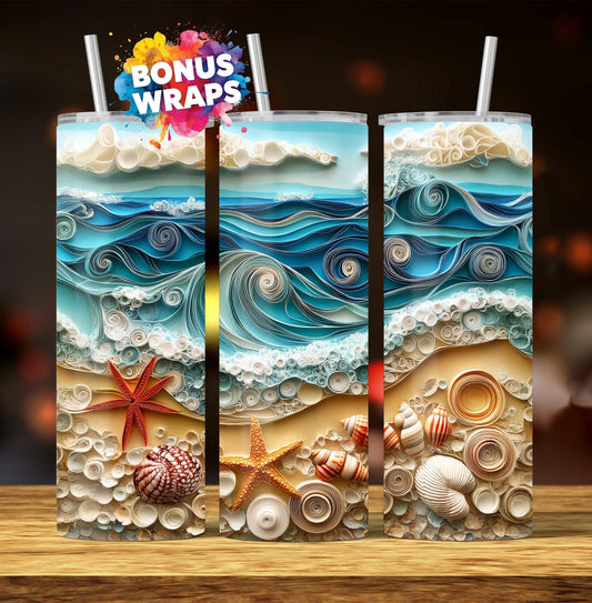 3D Ocean Seashells Beach 20 oz Skinny Tumbler, Seamless Tumbler Wrap, Instant Digital Download Sublimation Design