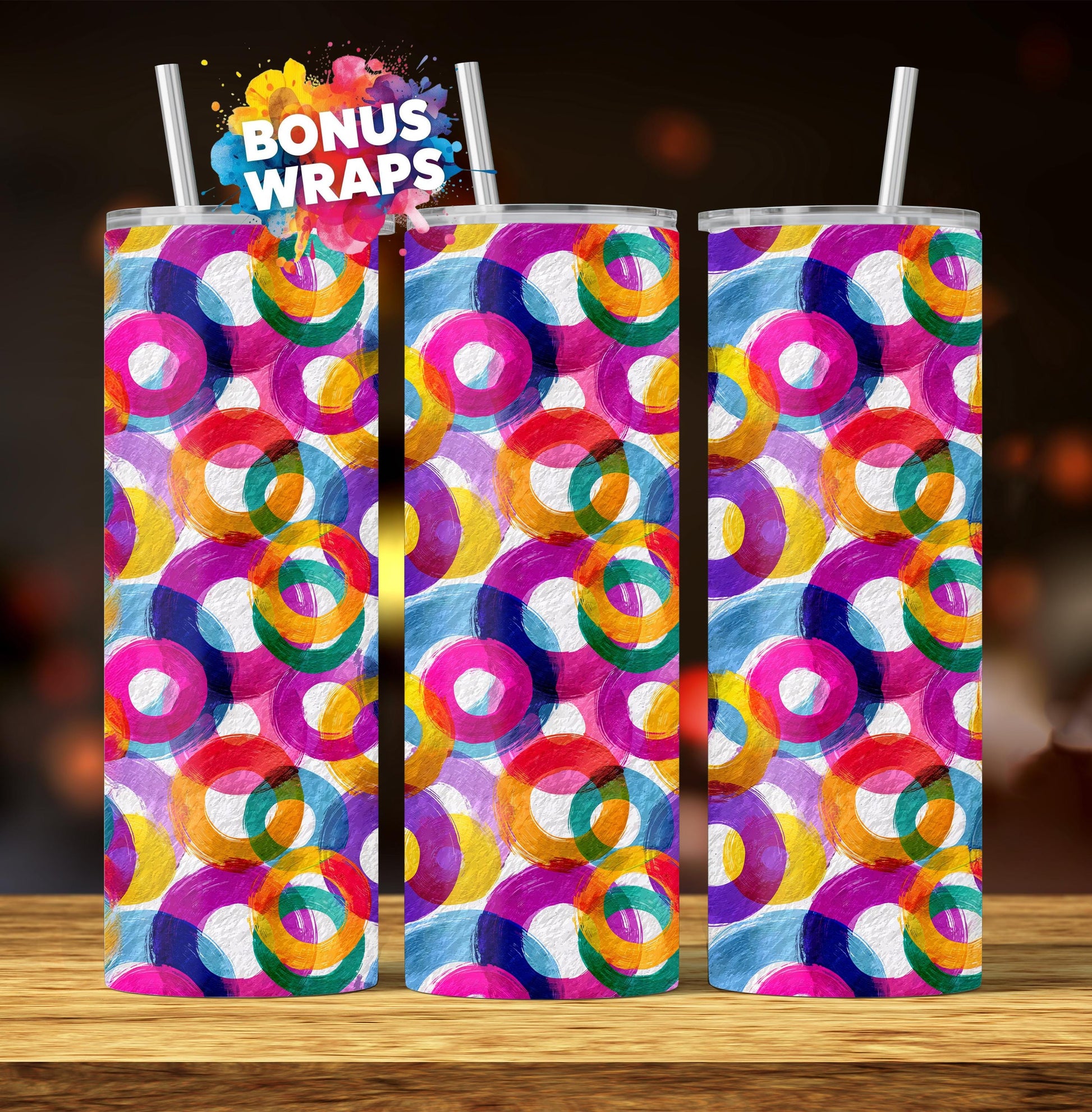 Watercolor Colorful Circles 20oz Tumbler Wrap, Seamless Geometric Sublimation Design Templates, 20oz Straight PNG Digital Download