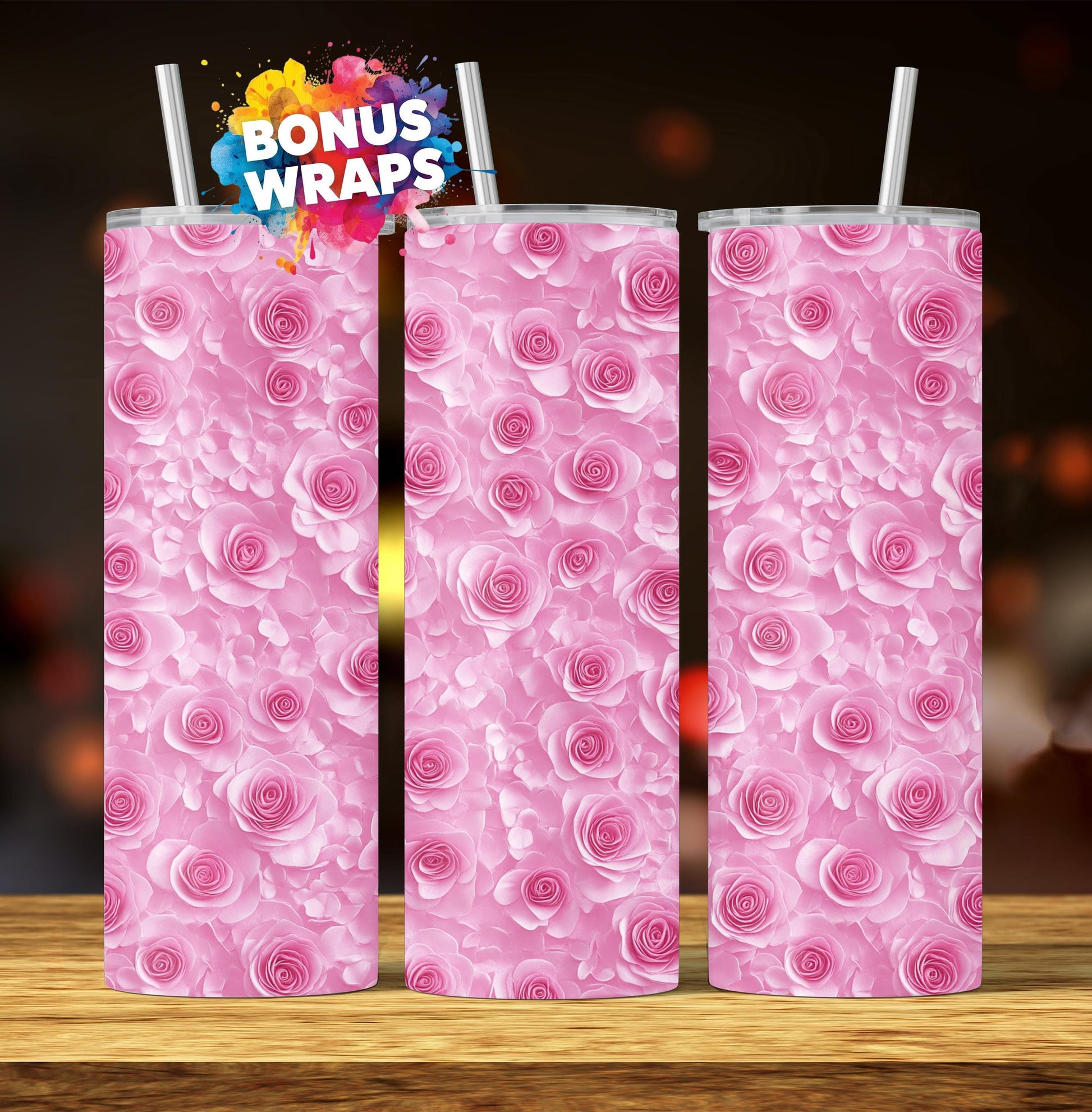 Pink Roses Flowers 20oz Skinny Tumbler Wrap, Seamless Flowers Tumbler 20 Oz Tumbler Sublimation Design