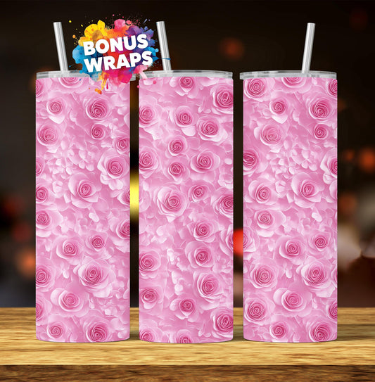 Pink Roses Flowers 20oz Skinny Tumbler Wrap, Seamless Flowers Tumbler 20 Oz Tumbler Sublimation Design