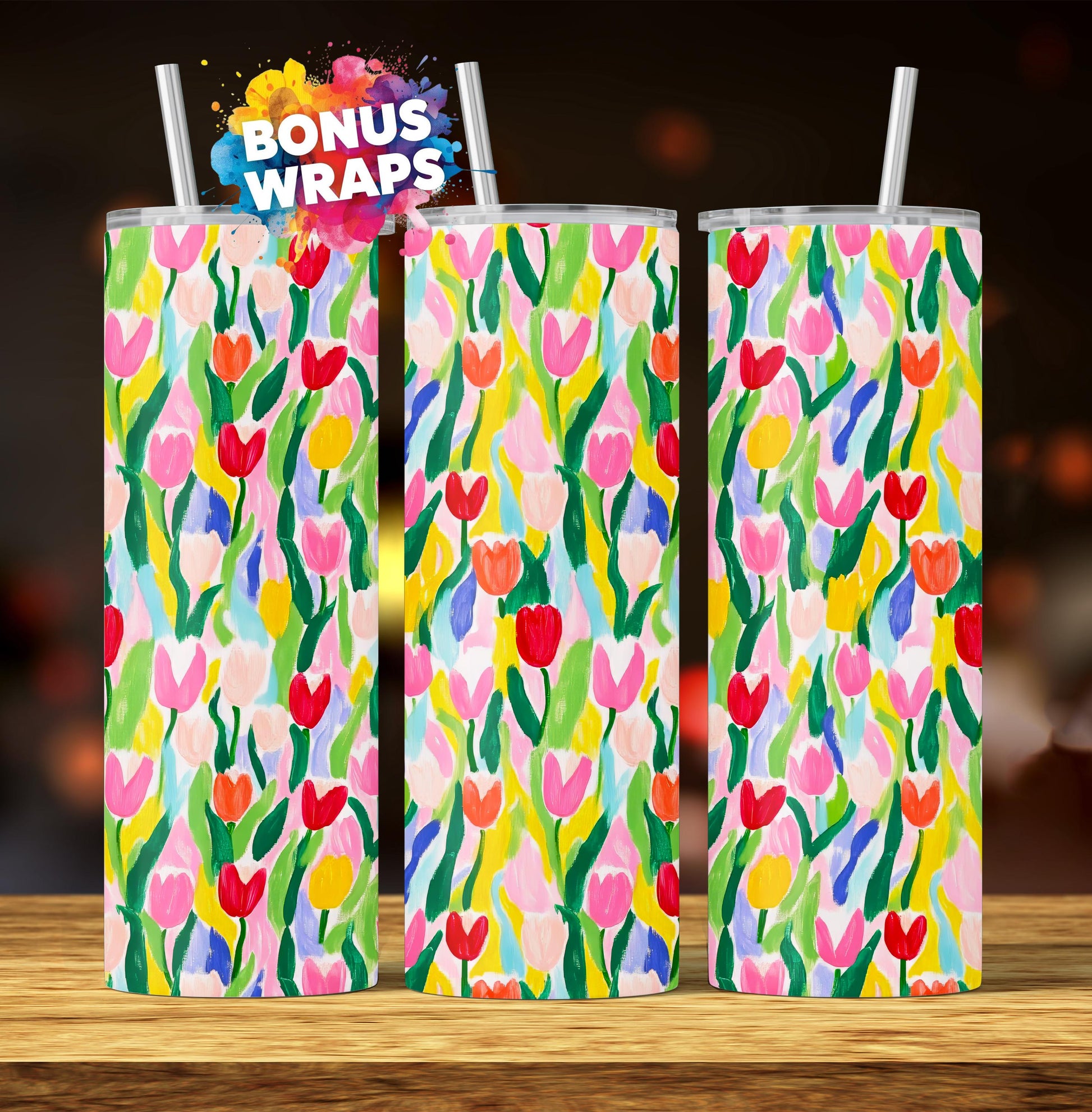 Tulip Wildflowers Watercolor 20oz Skinny Tumbler Wrap, Seamless Tumbler Wrap, Floral Tumbler 20 Oz Tumbler Sublimation Design