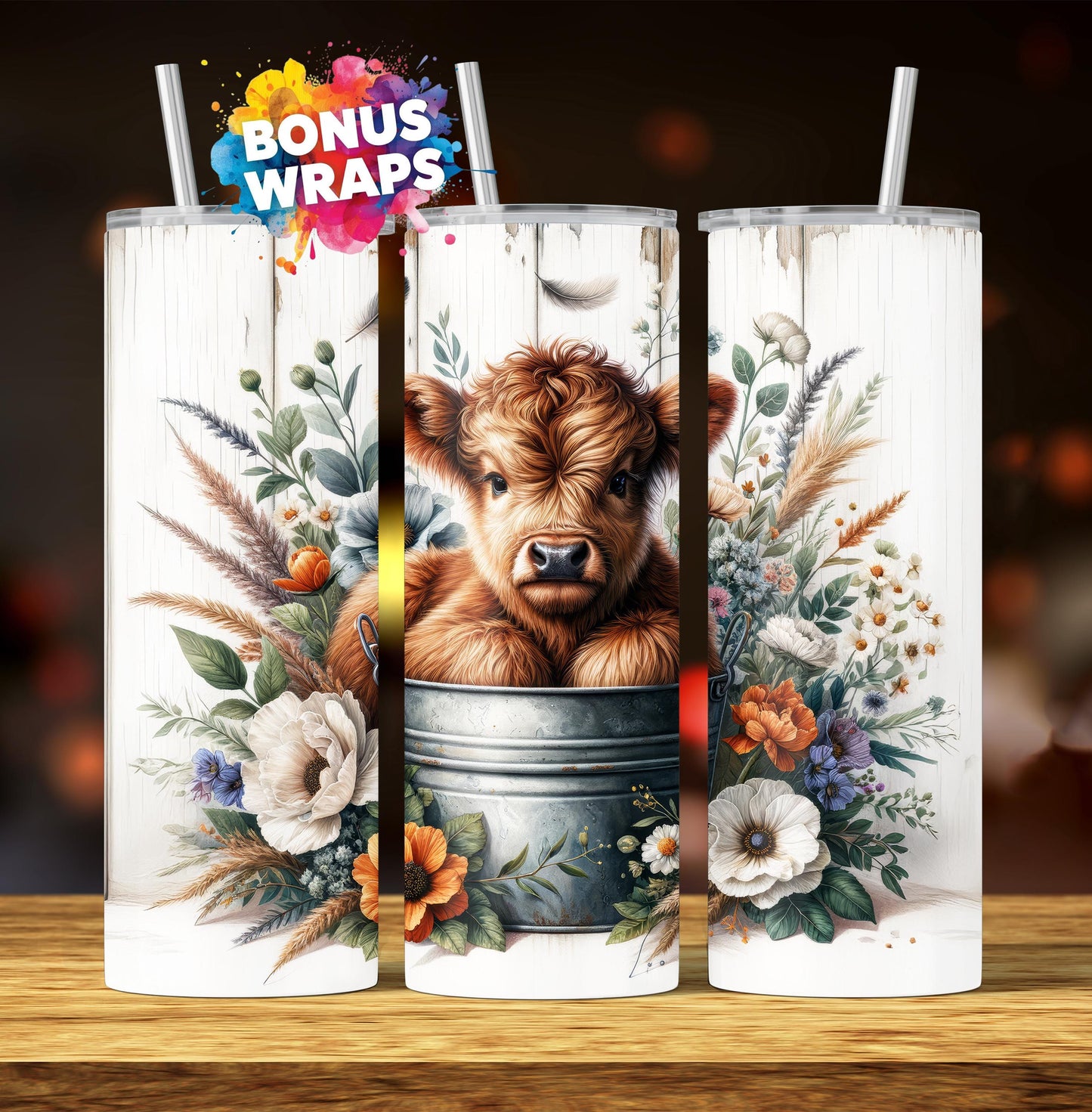 Baby Highland Cow In a Bucket 20 oz Skinny Tumbler Wrap, Seamless Boho Flowers Sublimation Tumbler Design, Cow Lover Tumbler
