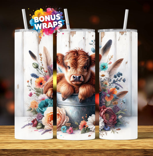 Baby Highland Cow In a Bucket 20 oz Skinny Tumbler Wrap , Seamless 20oz Skinny Sublimation Tumbler Design, Cow Lover Tumbler