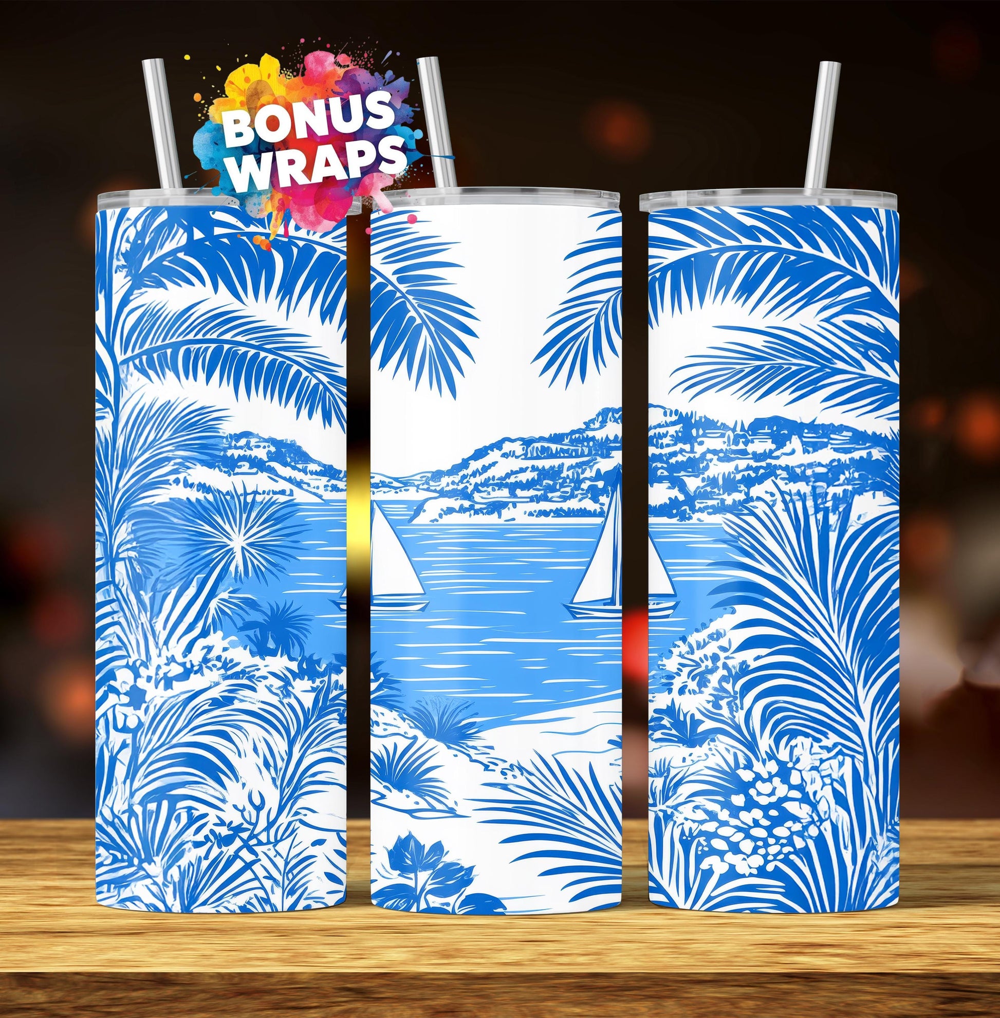 Tropical Palm Trees 20oz Skinny Tumbler, Sailboat Seamless Straight PNG Digital Download, Sublimation Templates