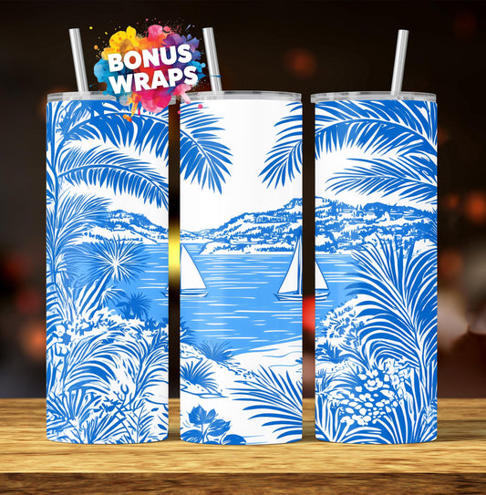 Tropical Palm Trees 20oz Skinny Tumbler, Sailboat Seamless Straight PNG Digital Download, Sublimation Templates