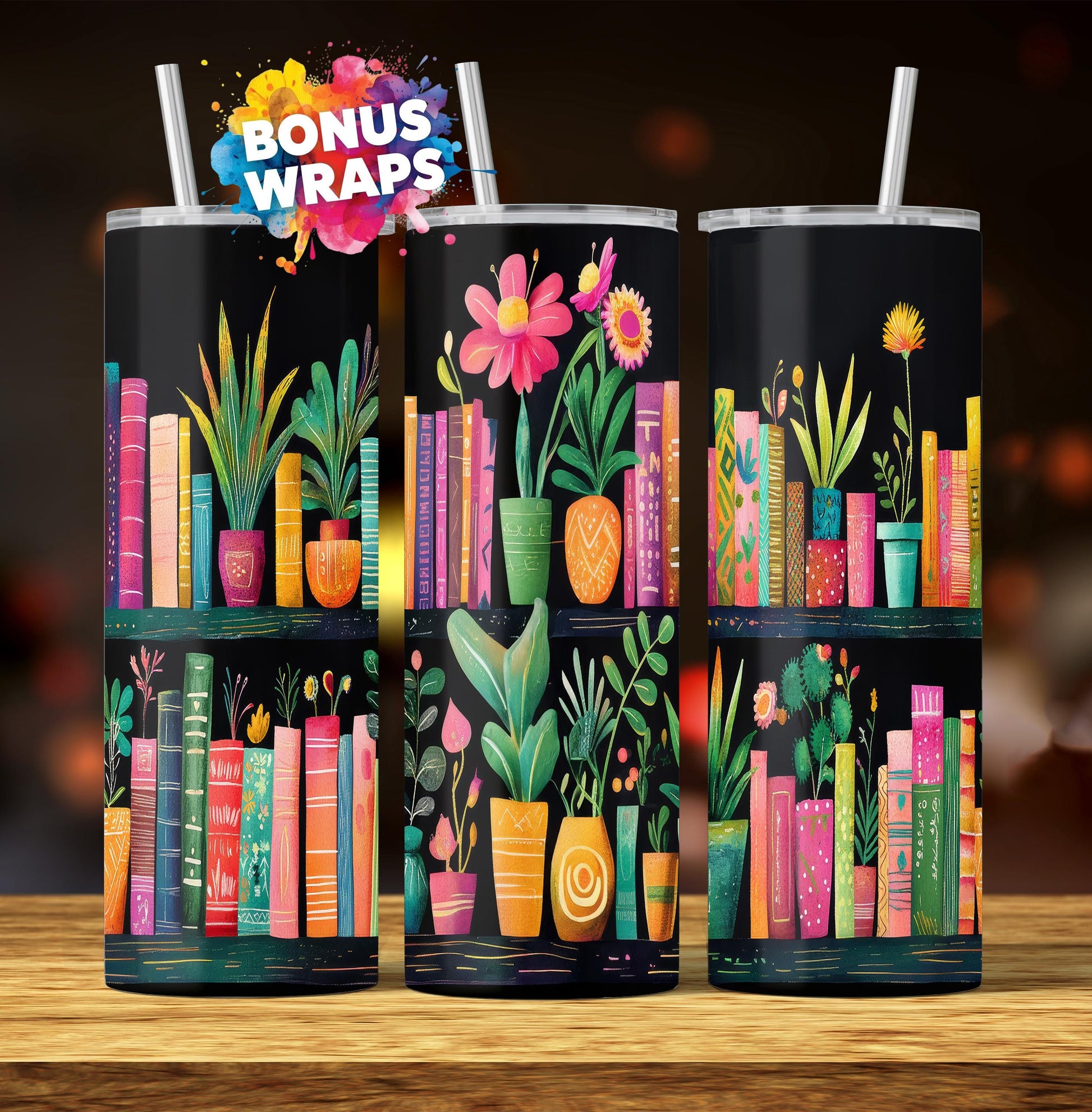 Book Lover 20oz Skinny Tumbler Wrap, Book Lover Spring Flowers Seamless 20 oz digital PNG Straight Tumbler Wrap