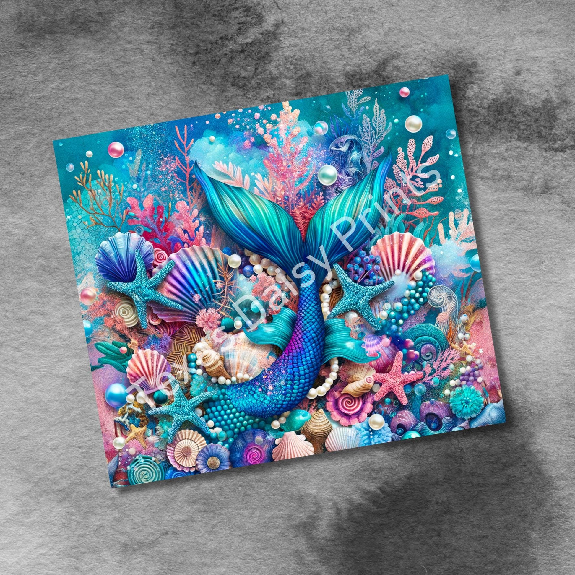 Mermaid Tail 20oz Skinny Tumbler Wrap, Seashells Starfish Seamless Sublimation Design Straight PNG Digital Download