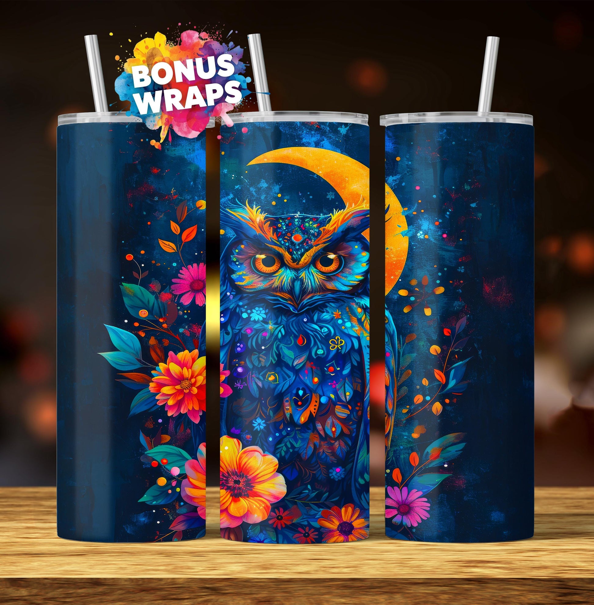 Night Owl 20oz Skinny Tumbler, Mystical Owl Seamless Sublimation Design Templates, Tumbler Straight PNG Digital Download