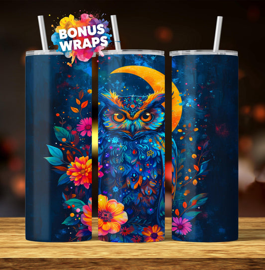 Night Owl 20oz Skinny Tumbler, Mystical Owl Seamless Sublimation Design Templates, Tumbler Straight PNG Digital Download