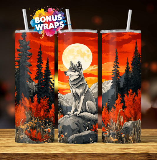 Moon Wolf 20 oz SkinnyTumbler Wrap, Seamless Moon Wolf Tumbler Sublimation Wild Animal Tumbler Designs Lone Wolf Tumbler PNG