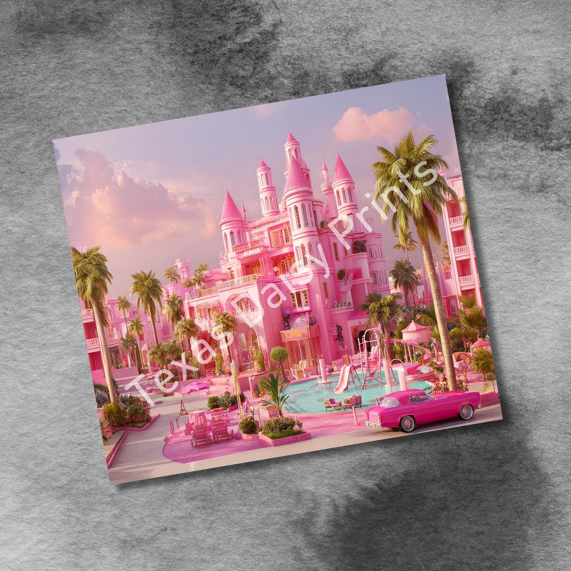 Pink Dream House 20 oz Skinny Tumbler Wrap, Tropical Pink Dream Car Seamless Sublimation Design