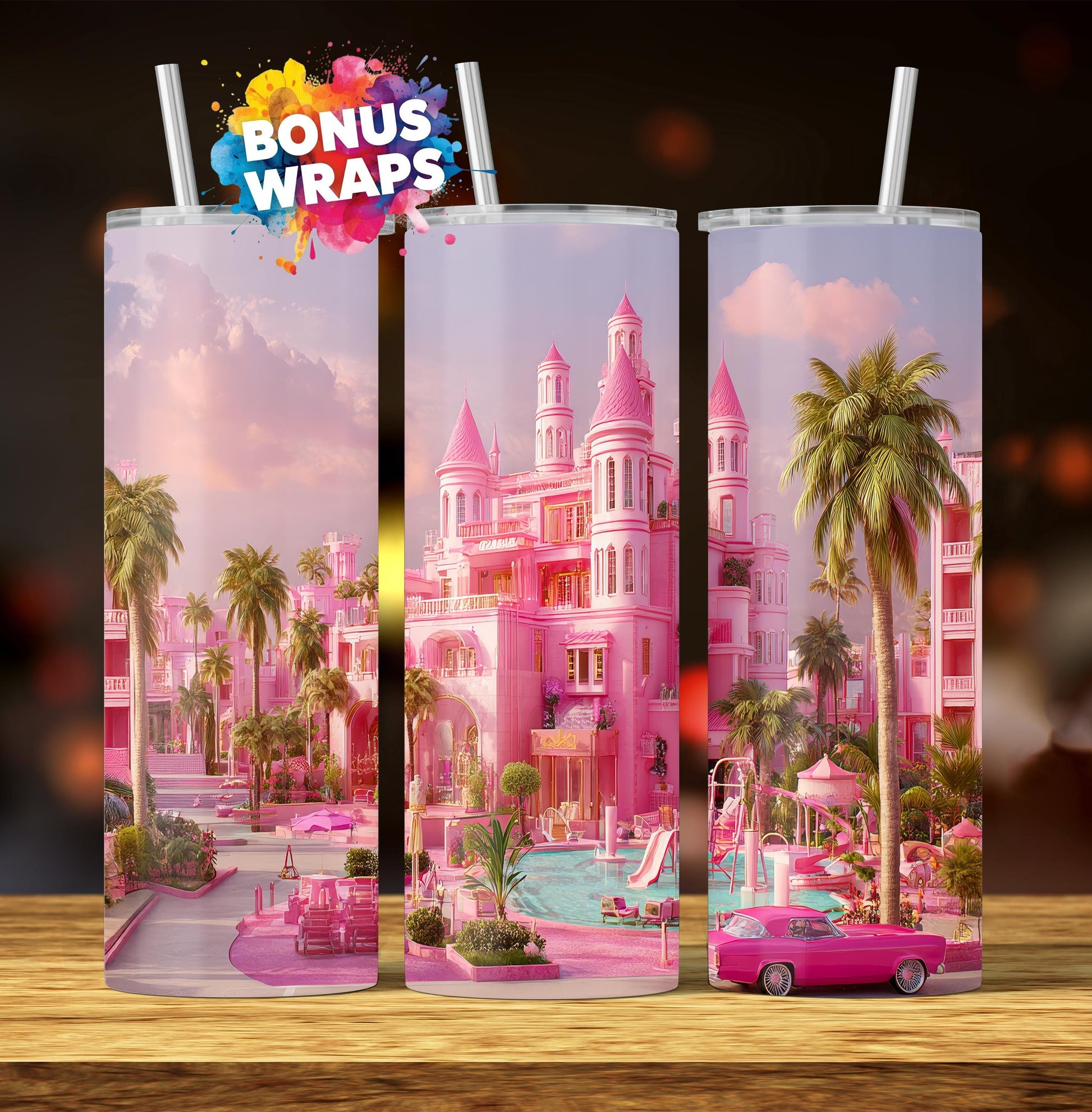 Pink Dream House 20 oz Skinny Tumbler Wrap, Tropical Pink Dream Car Seamless Sublimation Design