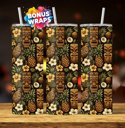 Tiki Tumbler Wrap 20 oz Skinny Tumbler Sublimation Design, Beach Tumbler Wrap, Tropical Tumbler, Hawaiian Tiki PNG, Digital Download