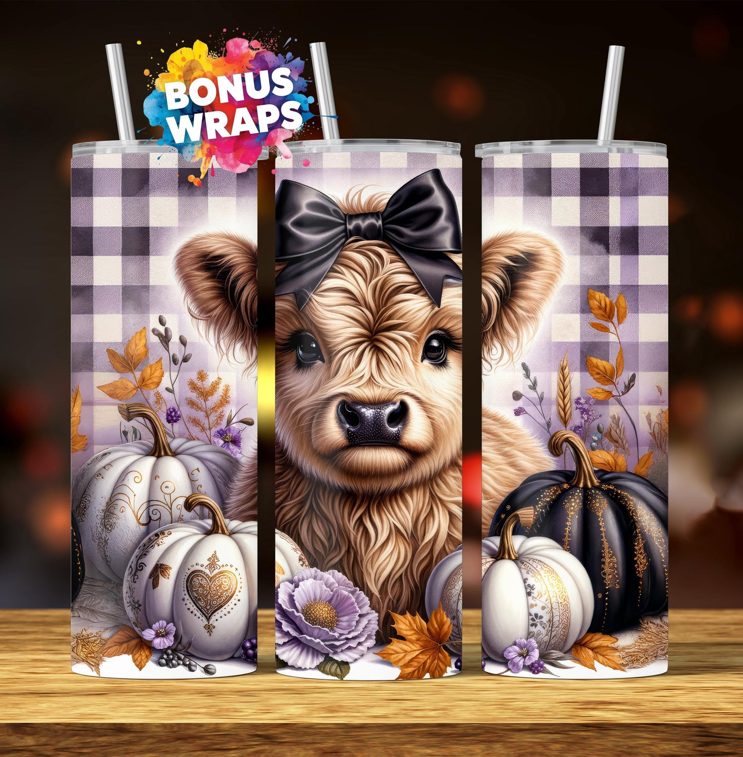 Cute Highland Cow Fall Pumpkins 20 oz Tumbler Wrap Fall Boho Flowers 20oz Skinny Sublimation Tumbler Design, Cow Lover Tumbler Seamless