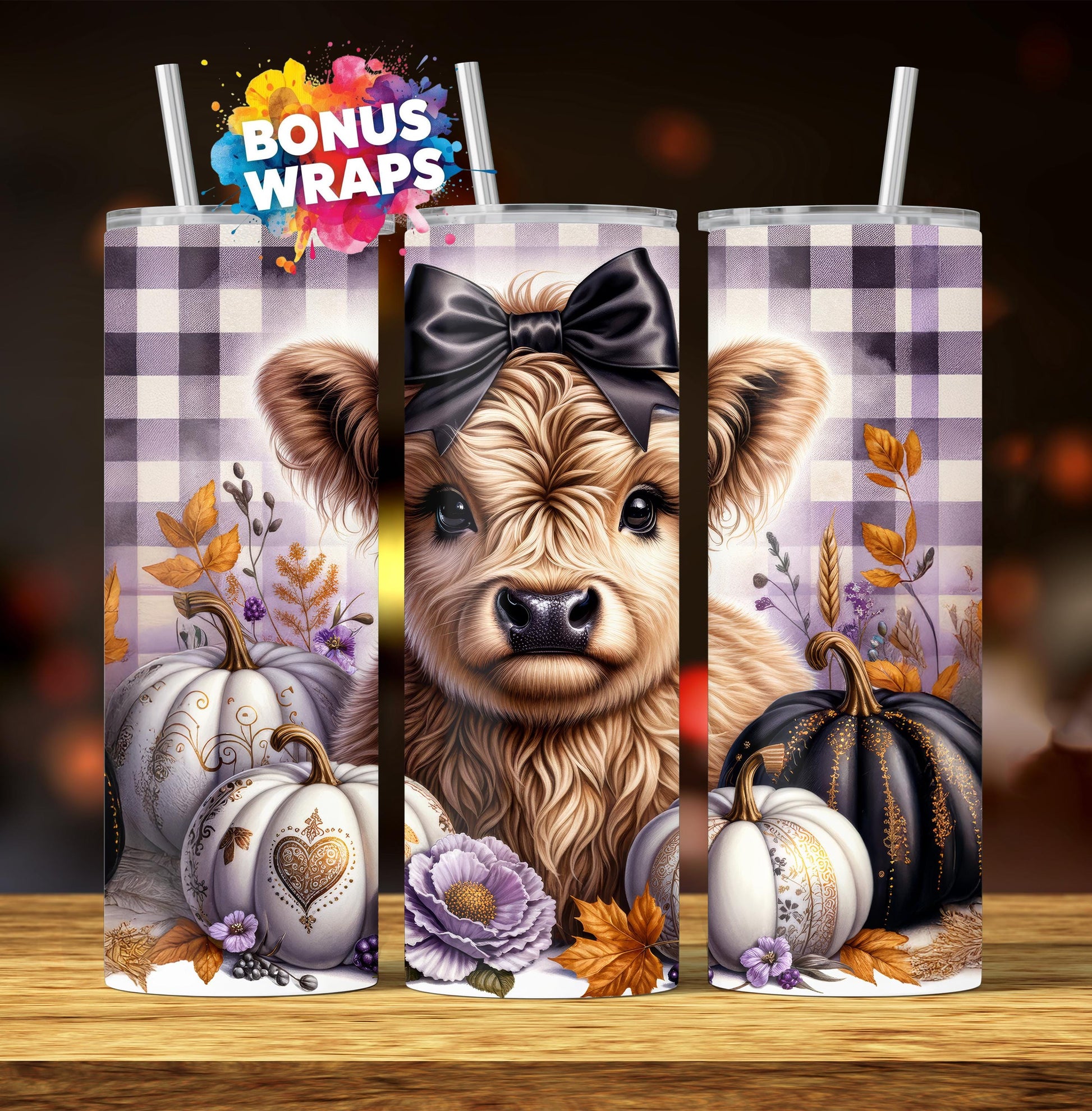 Cute Highland Cow Fall Pumpkins 20 oz Tumbler Wrap Fall Boho Flowers 20oz Skinny Sublimation Tumbler Design, Cow Lover Tumbler Seamless
