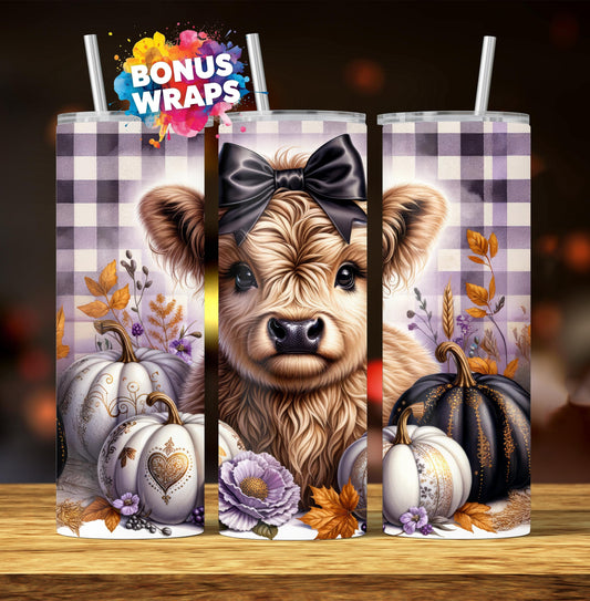 Cute Highland Cow Fall Pumpkins 20 oz Tumbler Wrap Fall Boho Flowers 20oz Skinny Sublimation Tumbler Design, Cow Lover Tumbler Seamless