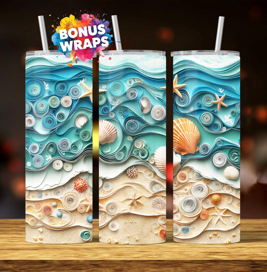 3D Seashells Beach 20 oz Skinny Tumbler Sublimation Design, Seamless Tumbler Wrap, Instant Digital Download PNG