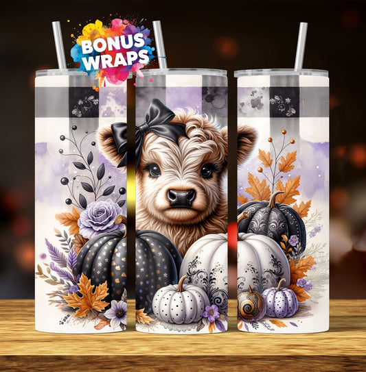 Cute Highland Cow Fall Pumpkins 20 oz Tumbler Wrap Fall Boho Flowers 20oz Skinny Sublimation Tumbler Design, Cow Lover Tumbler Seamless