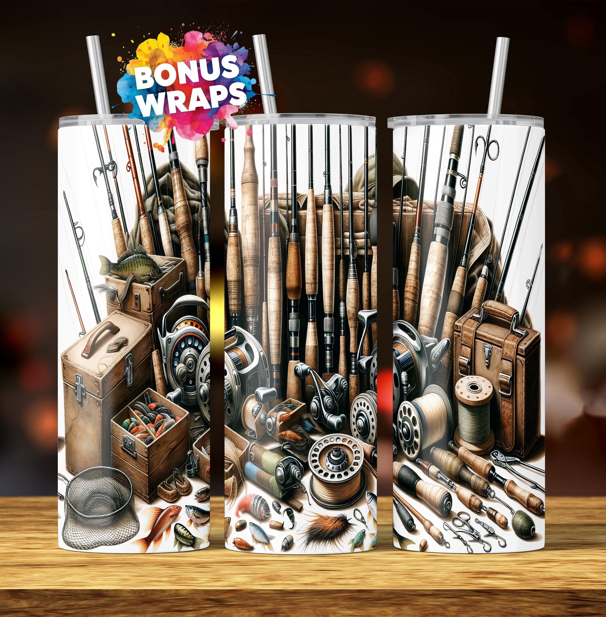 Vintage Fishing Poles & Lures Tumbler Wrap 20 oz Skinny Seamless Sublimation Design Template, Fisherman Gift Digital Download