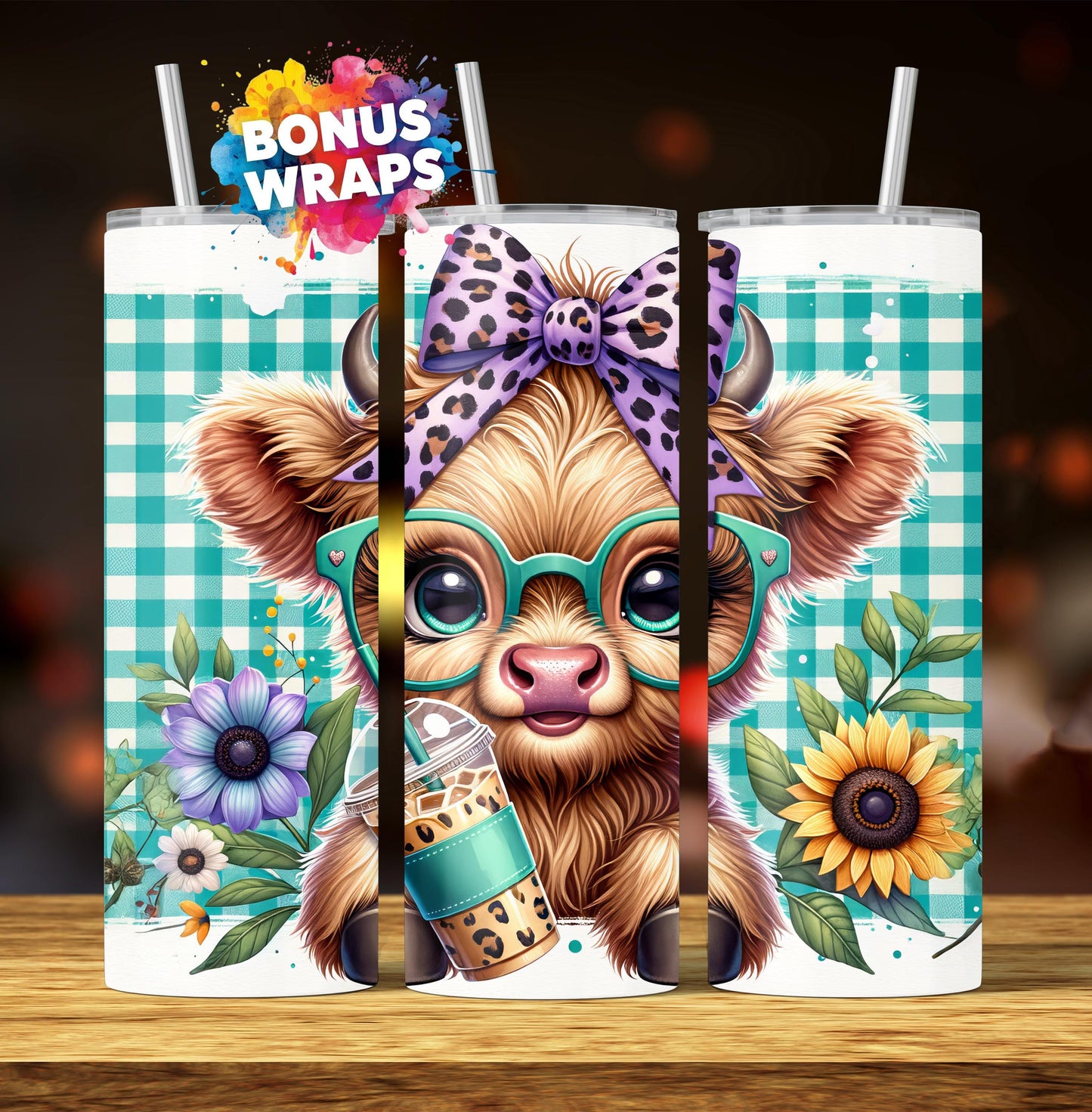 Cute Highland Cow Sunflowers 20oz Skinny Tumbler Sublimation Design,Seamless Baby Cow with Sunflower Coffee Sublimation