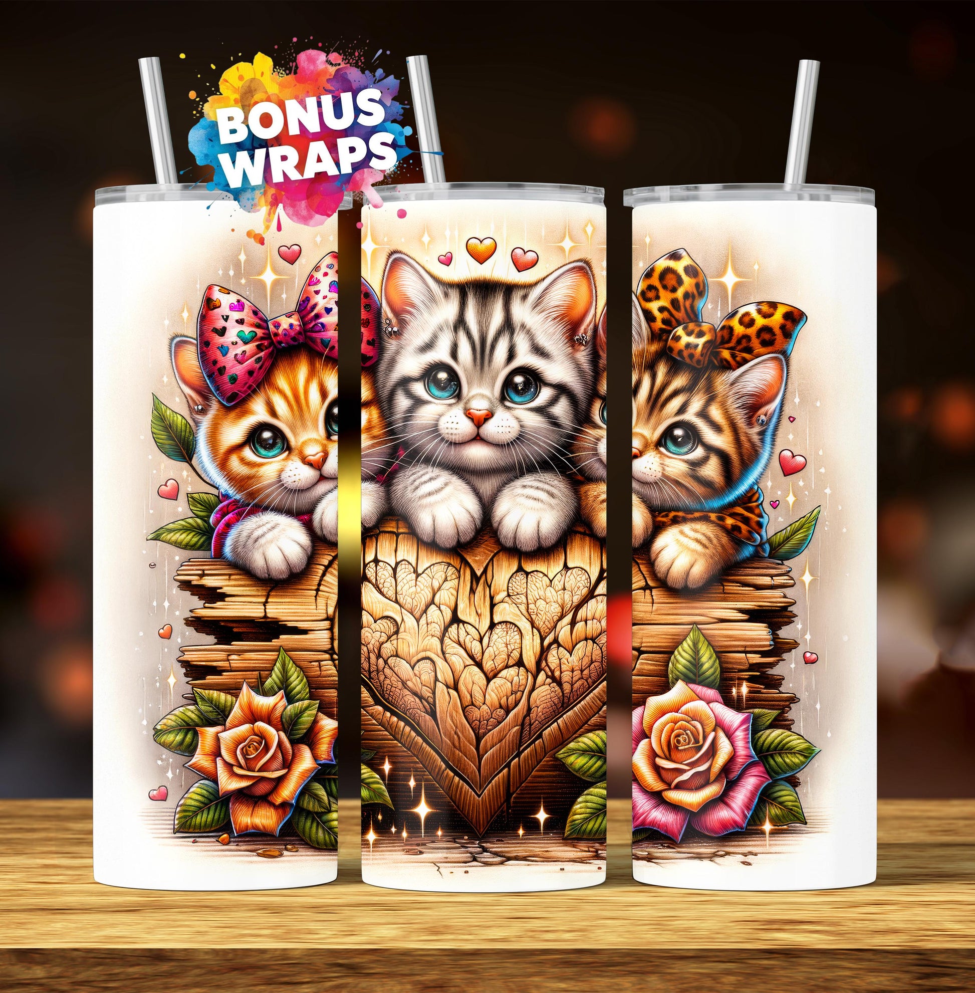 Cute Kittens 20oz Tumbler Wrap, Cat Valentines Hearts, 20oz Seamless Wrap, Kitten Digital Download